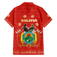 Bolivia National Emblem Family Matching Short Sleeve Bodycon Dress and Hawaiian Shirt with Floral Pattern and Red Folk Design