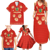 Bolivia National Emblem Family Matching Summer Maxi Dress and Hawaiian Shirt with Floral Pattern and Red Folk Design