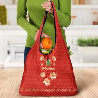 Bolivia National Emblem Grocery Bag with Floral Pattern and Red Folk Design