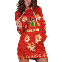 Bolivia National Emblem Hoodie Dress with Floral Pattern and Red Folk Design