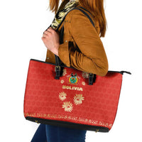 Bolivia National Emblem Leather Tote Bag with Floral Pattern and Red Folk Design