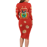 Bolivia National Emblem Long Sleeve Bodycon Dress with Floral Pattern and Red Folk Design