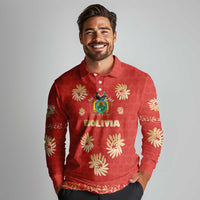 Bolivia National Emblem Long Sleeve Polo Shirt with Floral Pattern and Red Folk Design