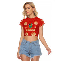 Bolivia National Emblem Raglan Cropped T Shirt with Floral Pattern and Red Folk Design