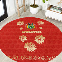Bolivia National Emblem Round Carpet with Floral Pattern and Red Folk Design