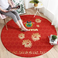 Bolivia National Emblem Round Carpet with Floral Pattern and Red Folk Design