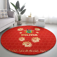 Bolivia National Emblem Round Carpet with Floral Pattern and Red Folk Design