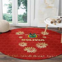 Bolivia National Emblem Round Carpet with Floral Pattern and Red Folk Design