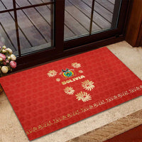 Bolivia National Emblem Rubber Doormat with Floral Pattern and Red Folk Design