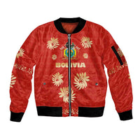 Bolivia National Emblem Sleeve Zip Bomber Jacket with Floral Pattern and Red Folk Design