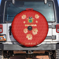 Bolivia National Emblem Spare Tire Cover with Floral Pattern and Red Folk Design