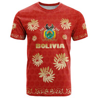 Bolivia National Emblem T Shirt with Floral Pattern and Red Folk Design