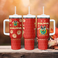 Bolivia National Emblem Tumbler With Handle with Floral Pattern and Red Folk Design