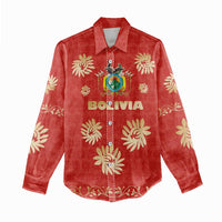 Bolivia National Emblem Women Casual Shirt with Floral Pattern and Red Folk Design