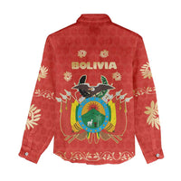 Bolivia National Emblem Women Casual Shirt with Floral Pattern and Red Folk Design