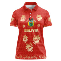 Bolivia National Emblem Women Polo Shirt with Floral Pattern and Red Folk Design