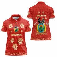 Bolivia National Emblem Women Polo Shirt with Floral Pattern and Red Folk Design