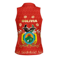 Bolivia National Emblem Women Sleeveless Polo Shirt with Floral Pattern and Red Folk Design