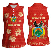 Bolivia National Emblem Women Sleeveless Polo Shirt with Floral Pattern and Red Folk Design