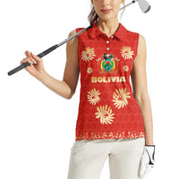 Bolivia National Emblem Women Sleeveless Polo Shirt with Floral Pattern and Red Folk Design