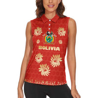 Bolivia National Emblem Women Sleeveless Polo Shirt with Floral Pattern and Red Folk Design