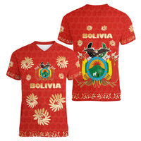 Bolivia National Emblem Women V-Neck T-Shirt with Floral Pattern and Red Folk Design