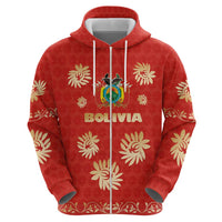 Bolivia National Emblem Zip Hoodie with Floral Pattern and Red Folk Design
