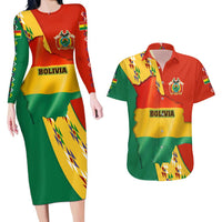 Bolivia Flag Color Couples Matching Long Sleeve Bodycon Dress and Hawaiian Shirt with National Crest, Andean Pattern and Condor Graphic