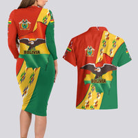 Bolivia Flag Color Couples Matching Long Sleeve Bodycon Dress and Hawaiian Shirt with National Crest, Andean Pattern and Condor Graphic