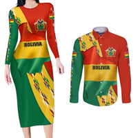 Bolivia Flag Color Couples Matching Long Sleeve Bodycon Dress and Long Sleeve Button Shirt with National Crest, Andean Pattern and Condor Graphic