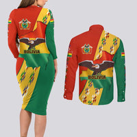Bolivia Flag Color Couples Matching Long Sleeve Bodycon Dress and Long Sleeve Button Shirt with National Crest, Andean Pattern and Condor Graphic