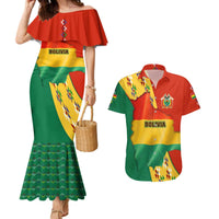 Bolivia Flag Color Couples Matching Mermaid Dress and Hawaiian Shirt with National Crest, Andean Pattern and Condor Graphic