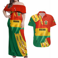 Bolivia Flag Color Couples Matching Off Shoulder Maxi Dress and Hawaiian Shirt with National Crest, Andean Pattern and Condor Graphic