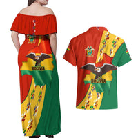 Bolivia Flag Color Couples Matching Off Shoulder Maxi Dress and Hawaiian Shirt with National Crest, Andean Pattern and Condor Graphic