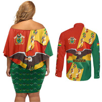 Bolivia Flag Color Couples Matching Off Shoulder Short Dress and Long Sleeve Button Shirt with National Crest, Andean Pattern and Condor Graphic