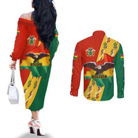 Bolivia Flag Color Couples Matching Off The Shoulder Long Sleeve Dress and Long Sleeve Button Shirt with National Crest, Andean Pattern and Condor Graphic