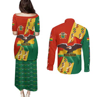 Bolivia Flag Color Couples Matching Puletasi and Long Sleeve Button Shirt with National Crest, Andean Pattern and Condor Graphic