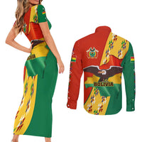 Bolivia Flag Color Couples Matching Short Sleeve Bodycon Dress and Long Sleeve Button Shirt with National Crest, Andean Pattern and Condor Graphic