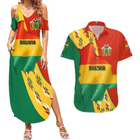 Bolivia Flag Color Couples Matching Summer Maxi Dress and Hawaiian Shirt with National Crest, Andean Pattern and Condor Graphic
