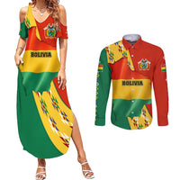 Bolivia Flag Color Couples Matching Summer Maxi Dress and Long Sleeve Button Shirt with National Crest, Andean Pattern and Condor Graphic