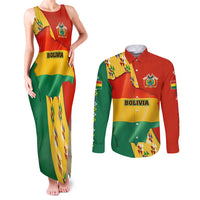 Bolivia Flag Color Couples Matching Tank Maxi Dress and Long Sleeve Button Shirt with National Crest, Andean Pattern and Condor Graphic