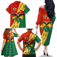 Bolivia Flag Color Family Matching Off The Shoulder Long Sleeve Dress and Hawaiian Shirt with National Crest, Andean Pattern and Condor Graphic