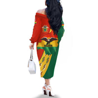 Bolivia Flag Color Family Matching Off The Shoulder Long Sleeve Dress and Hawaiian Shirt with National Crest, Andean Pattern and Condor Graphic