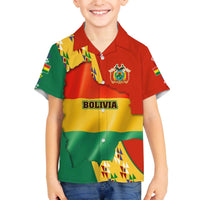 Bolivia Flag Color Family Matching Off The Shoulder Long Sleeve Dress and Hawaiian Shirt with National Crest, Andean Pattern and Condor Graphic