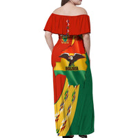 Bolivia Flag Color Family Matching Off Shoulder Maxi Dress and Hawaiian Shirt with National Crest, Andean Pattern and Condor Graphic