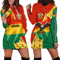 Bolivia Flag Color Hoodie Dress with National Crest, Andean Pattern and Condor Graphic