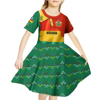 Bolivia Flag Color Kid Short Sleeve Dress with National Crest, Andean Pattern and Condor Graphic