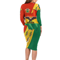 Bolivia Flag Color Long Sleeve Bodycon Dress with National Crest, Andean Pattern and Condor Graphic