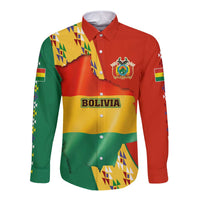 Bolivia Flag Color Long Sleeve Button Shirt with National Crest, Andean Pattern and Condor Graphic