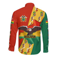Bolivia Flag Color Long Sleeve Button Shirt with National Crest, Andean Pattern and Condor Graphic